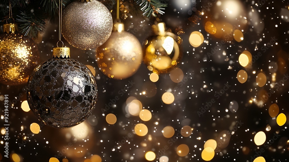 Sparkling Golden Christmas Ornaments on a Tree Sparkling Golden Christmas Ornaments on a Tree