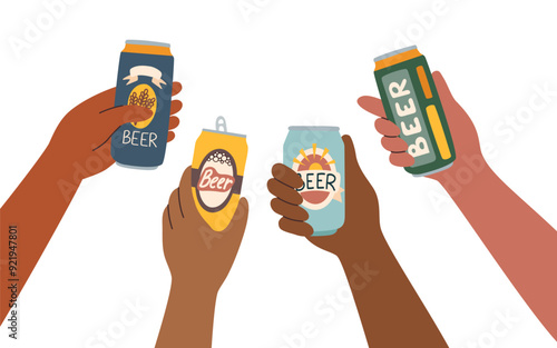 Set of beer cans in human hands different skin tones isolated on white background. Oktoberfest concept. Beer festival concept. Friendship concept.