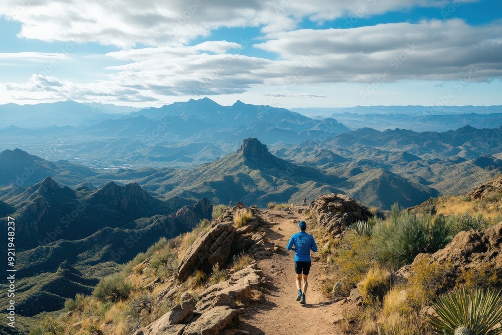 A trail runner in a blue jacket jogs along a winding desert mountain trail with expansive views of rugged terrain, symbolizing resilience, adventure, and connection to nature. A trail runner in a blue jacket jogs along a winding desert mountain trail with expansive views of rugged terrain, symbolizing resilience, adventure, and connection to nature.