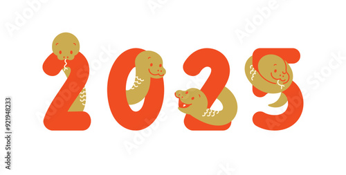 2025年、巳年の年賀状素材　蛇のキャラクターのおしゃれなイラスト
