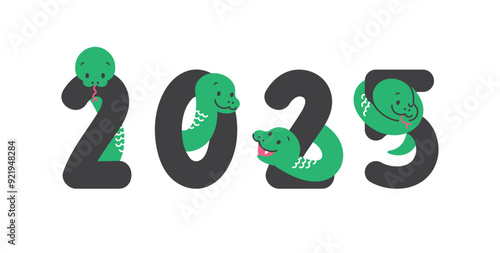 2025年、巳年の年賀状素材　蛇のキャラクターのポップなイラスト