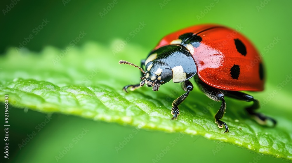 Fototapeta premium A macro shot captures a ladybug sitting on a green leaf, the details of its red shell and tiny legs in sharp focus.