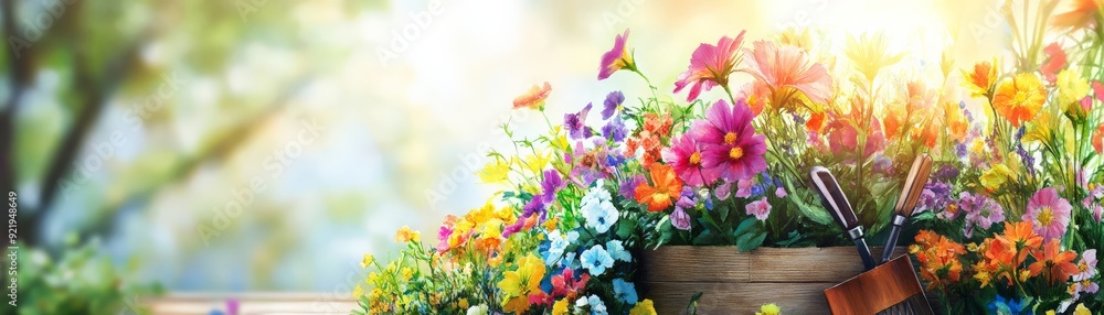 Vibrant flower garden with various colorful blooms and gardening tools in a sunny, outdoor setting. Vibrant flower garden with various colorful blooms and gardening tools in a sunny, outdoor setting.