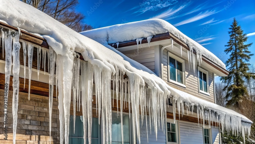 custom made wallpaper toronto digitalIcycles hanging from roof edge, water pooling on floor, and ceiling damage visible after winter storm caused ice dam to form and leak indoors.