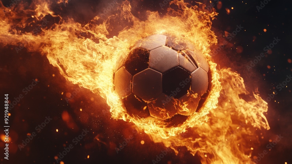 Fototapeta premium A soccer ball bursts through intense flames, creating a dramatic and powerful visual against a dark background.