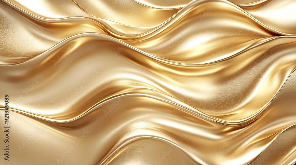 Fototapeta premium Abstract 3D golden background with elegant, shimmering wave patterns undulating smoothly, reflecting soft light.