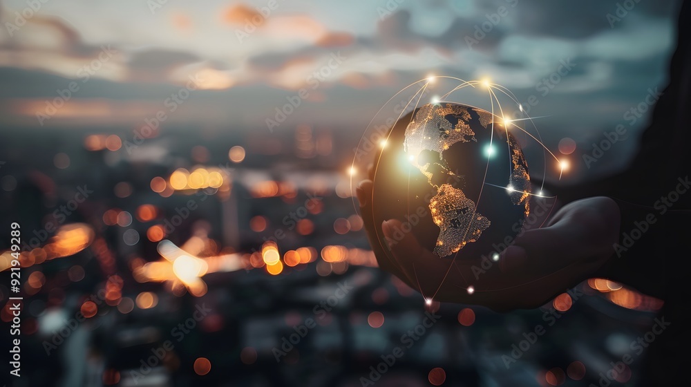 A hand holds a glowing globe with a network of lines connecting to different points on the globe. The background is a blurred cityscape at sunset. A hand holds a glowing globe with a network of lines connecting to different points on the globe. The background is a blurred cityscape at sunset.