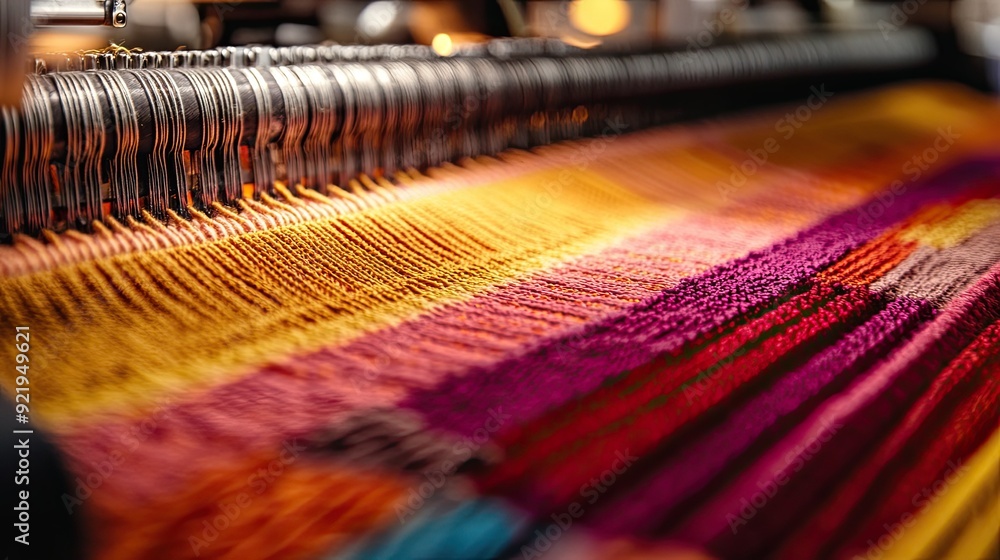 Close-up of automated textile machines knitting fabric, showing the intricate patterns being woven with precision.
