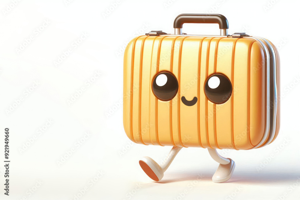 A cheerful suitcase walking on a light background. Space for text. A cheerful suitcase walking on a light background. Space for text.
