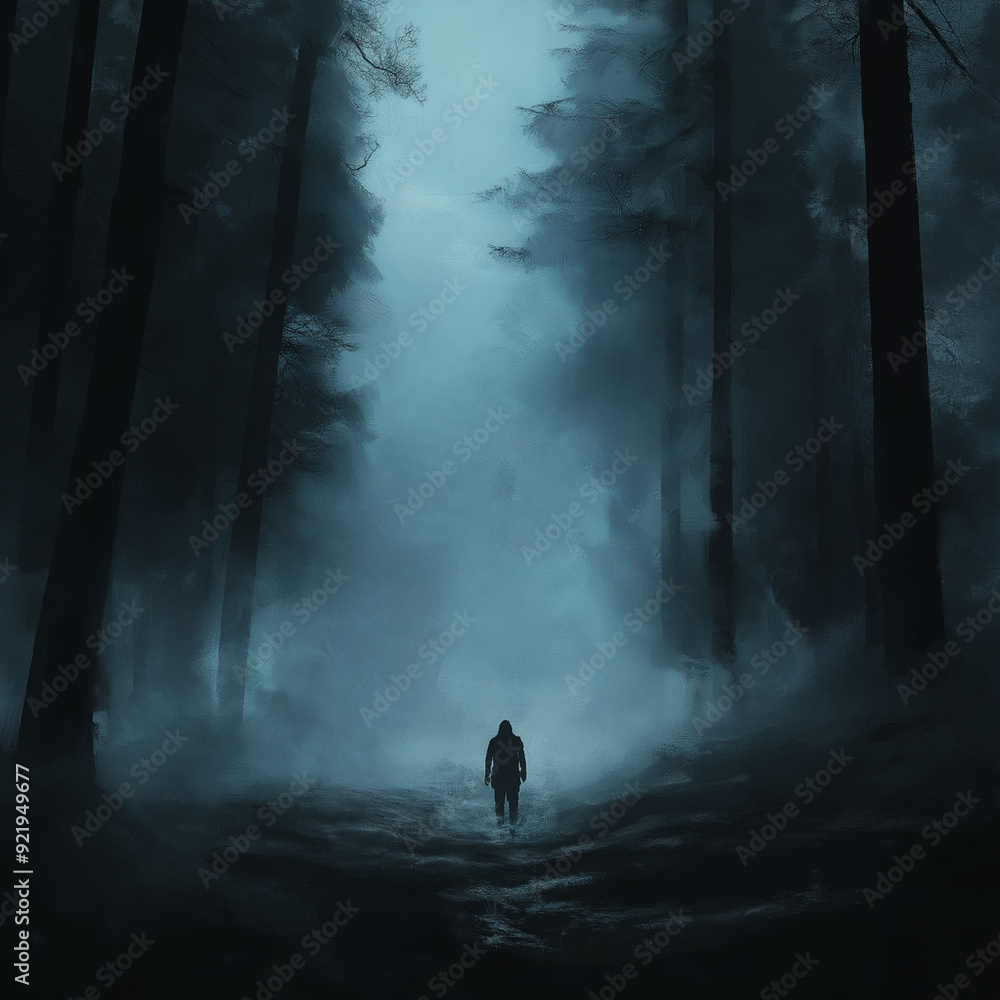 Obraz premium Man standing alone in a dark, eerie forest and mysterious sounds echoing in the distance