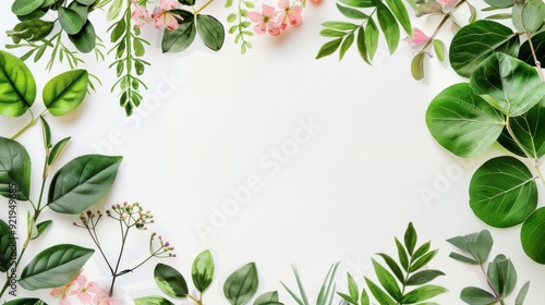 A beautiful arrangement of various green leaves and delicate flowers creates a serene and fresh atmosphere. The composition evokes a sense of tranquility and nature.