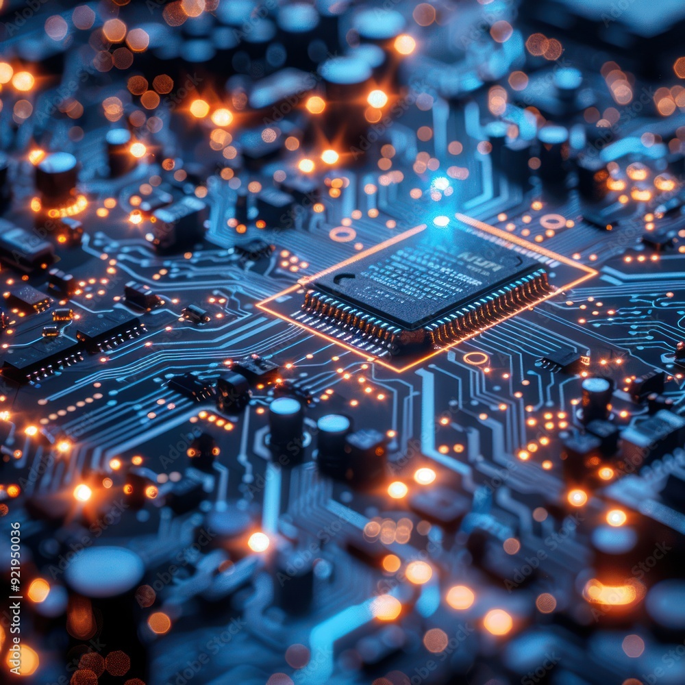 Obraz premium Closeup of a Circuit Board with a Microchip
