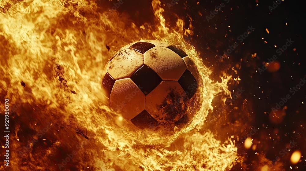 Fototapeta premium Fiery explosion as a soccer ball emerges through flames, set against a dark, contrasting backdrop.
