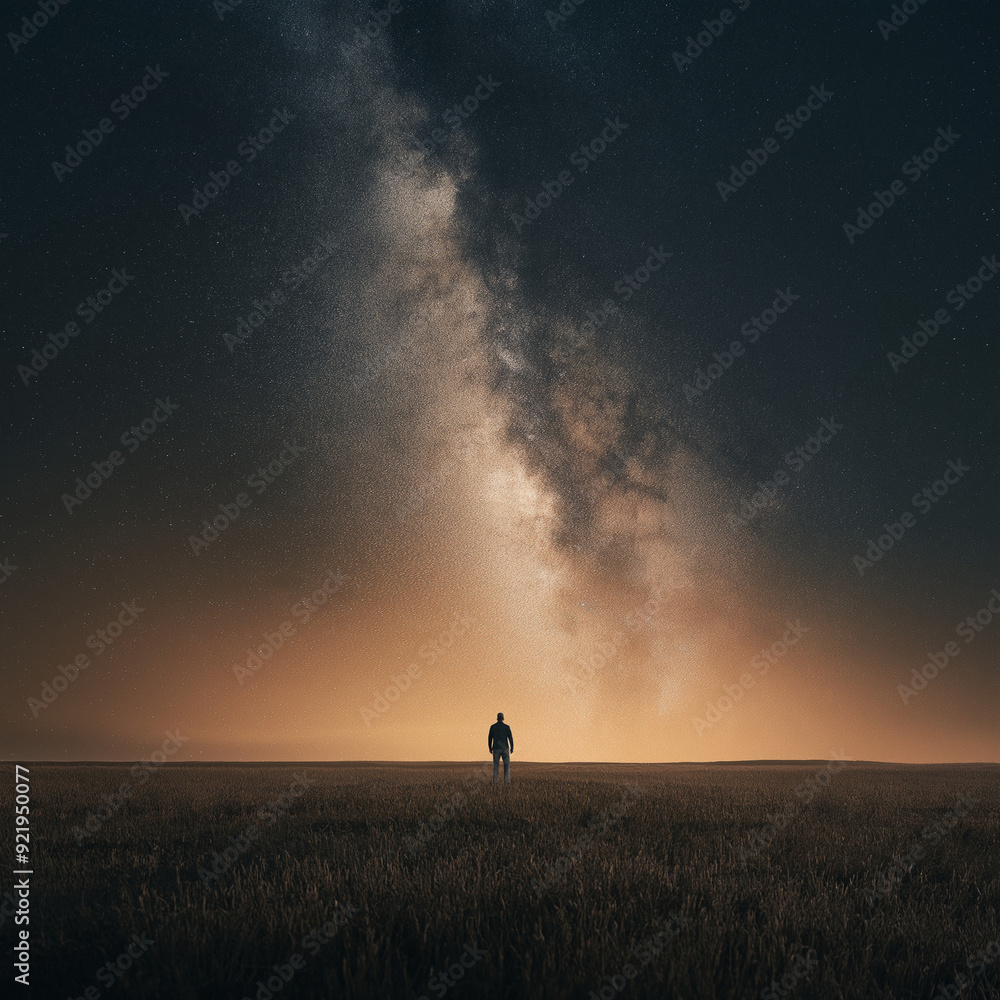 Fototapeta premium Man standing alone in a vast field under a starry night sky with the Milky Way clearly visible above