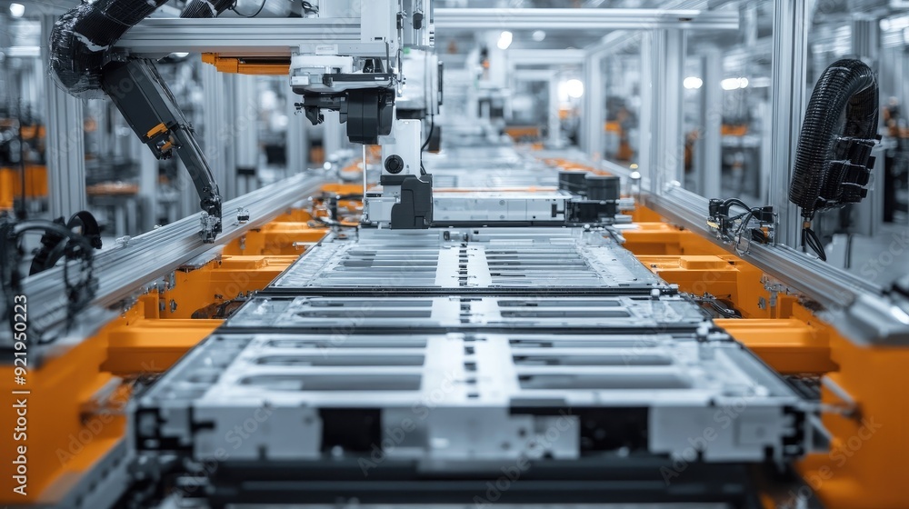 High-tech assembly line for EV battery cells, close-up of the process with machinery ensuring precision and efficiency. High-tech assembly line for EV battery cells, close-up of the process with machinery ensuring precision and efficiency.