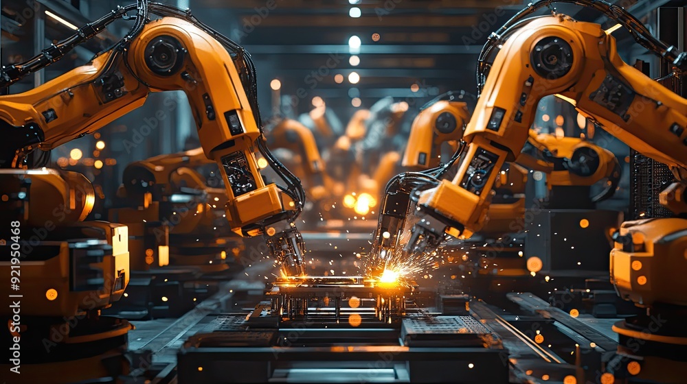 Industrial robotic arms work in unison, assembling components with precision, bright sparks visible in the background. Industrial robotic arms work in unison, assembling components with precision, bright sparks visible in the background.