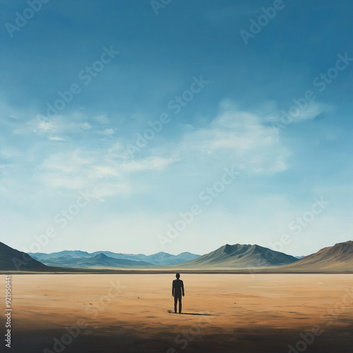 Man standing alone in the middle of a vast with only the distant mountains on the horizon