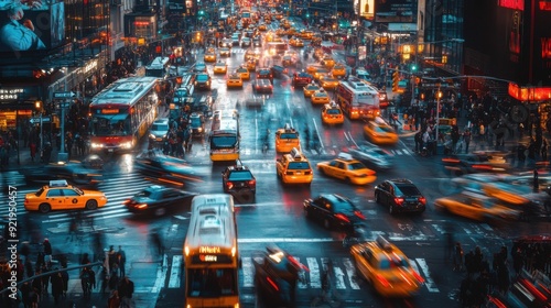 A bustling city scene filled with vibrant yellow taxis and busy streets, capturing the energy and motion of urban life. The image conveys a sense of excitement and liveliness.