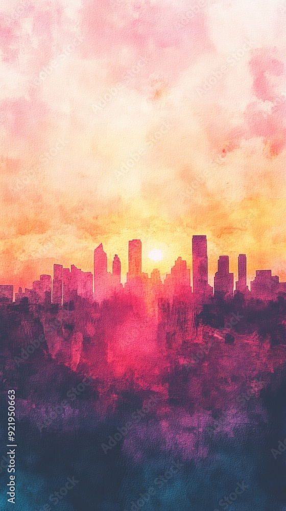 Vibrant watercolor painting depicting a city skyline at sunset, with warm orange and purple hues blending beautifully in the sky. Vibrant watercolor painting depicting a city skyline at sunset, with warm orange and purple hues blending beautifully in the sky.