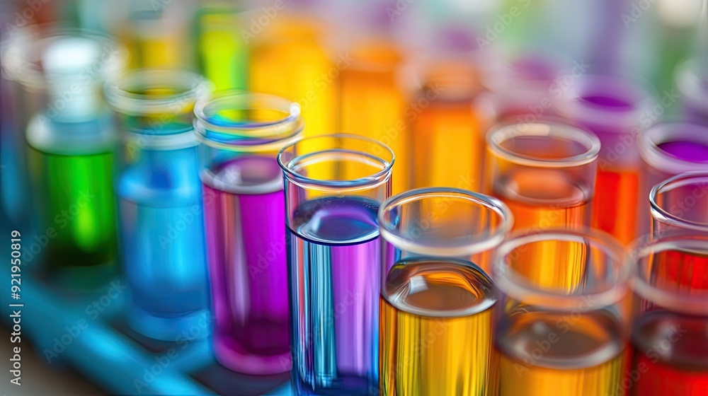 Test tubes filled with vibrant liquids are arranged neatly in a science laboratory, ready for the next experiment. Test tubes filled with vibrant liquids are arranged neatly in a science laboratory, ready for the next experiment.