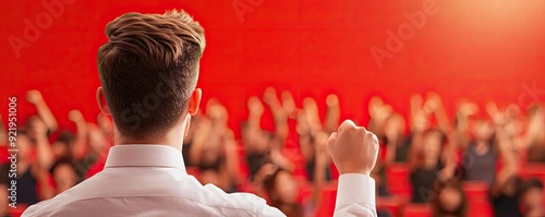 A teacher giving a motivational speech at a school assembly, students cheering and feeling empowered, World Teachers Day, education, inspiration photo