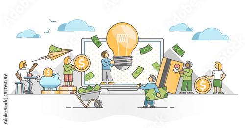 Crowdfunding financial investment for startup innovative idea outline concept, transparent background. Collective money funding for new business growth support illustration.