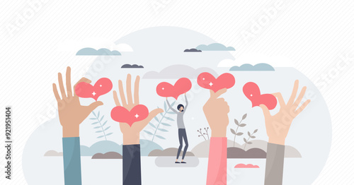 Generosity as donation support sharing tiny person concept, transparent background. Heart love as help and assistance symbol for humanity organization or social funding project illustration.