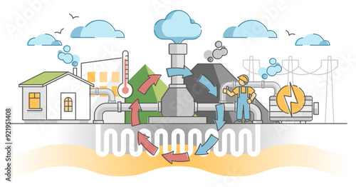Geothermal energy production as home heating system scheme outline concept, transparent background.