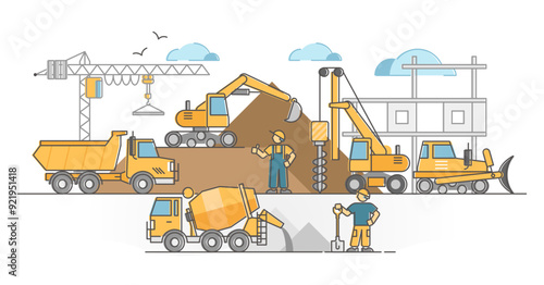 Heavy machinery as construction site duty executing vehicle outline concept, transparent background. Work with excavator, crane, bulldozer, forklift and concrete mixing operating illustration.