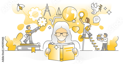 Knowledge study as personal development and growth monocolor outline concept, transparent background. Smart academic learning from book literature illustration.