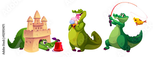 Comic crocodile characters set isolated on white background. Vector cartoon illustration of cute green reptile building sand castle, playing on beach, eating ice cream, fishing, zoo mascot collection