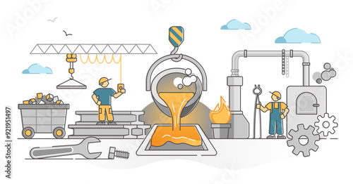Metallurgy industry with iron or steel smelting, melting or production outline concept, transparent background. Industrial manufacture factory with heavy machinery and labor illustration.