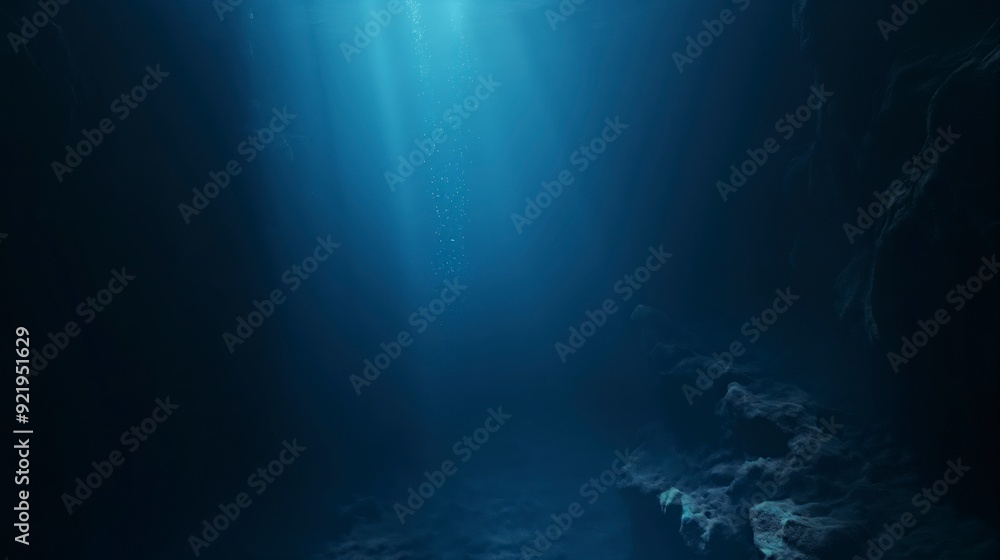 A serene underwater scene illuminated by rays of light, showcasing deep ocean tranquility. A serene underwater scene illuminated by rays of light, showcasing deep ocean tranquility.