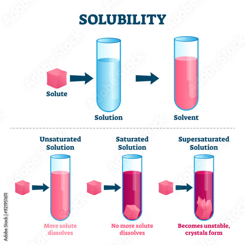 Solubility illustration, transparent background. Labeled educational solute, solvent and solution scheme.