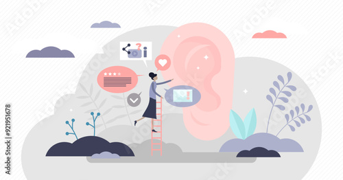 Word of mouth authentic reliable source marketing, flat tiny person illustration, transparent background. People to people information exchange.