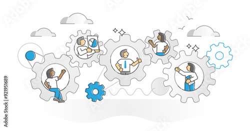 Workflow management as united employee mechanism monocolor outline concept, transparent background. Project process optimization and precise leading for each work position illustration.