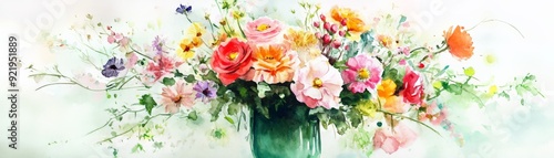 Wallpaper Mural Vibrant watercolor painting of a lush floral bouquet in a green vase, featuring a mix of colorful blossoms and delicate greenery. Torontodigital.ca