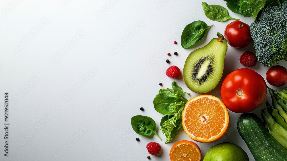 Naklejka premium A Colorful Assemblage of Fresh Fruits and Vegetables Showcasing Nature's Bounty in a Simple Yet Appealing Arrangement on a Light Background