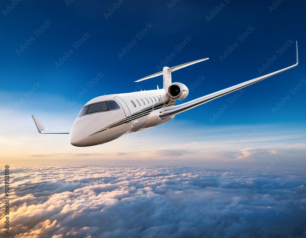 Naklejka premium Luxury private jet flying high above the clouds. Exclusive air transportation