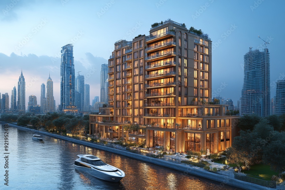 Luxury real estate development, high-end apartments, investment potential, city skyline. Generative AI Luxury real estate development, high-end apartments, investment potential, city skyline. Generative AI