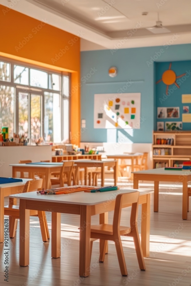 A bright and colorful art classroom with clean tables and untouched supplies, A bright and colorful art classroom with clean tables and untouched supplies,