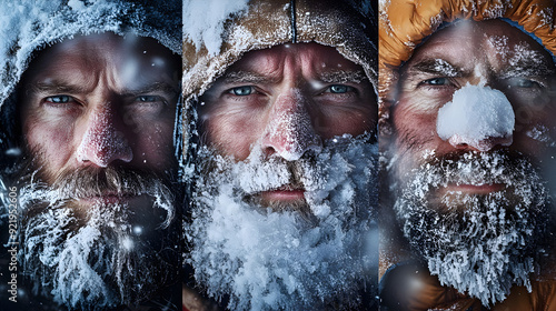 A series of close-up portraits of mountaineers, with frostbitten faces and ice in their beards or hair, captured in extreme cold environments.


 photo