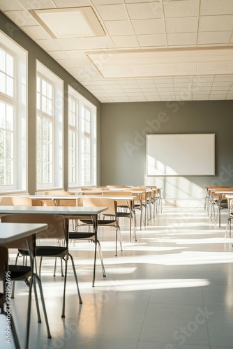 A bright and orderly classroom with empty desks and chairs,