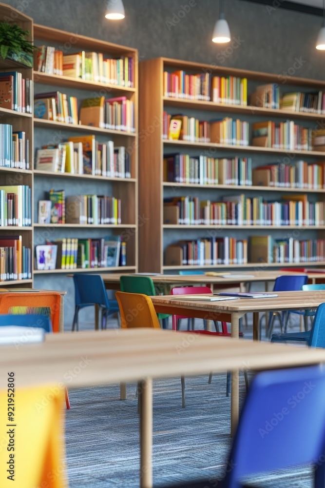A clean and quiet school library with shelves full of colorful books, A clean and quiet school library with shelves full of colorful books,