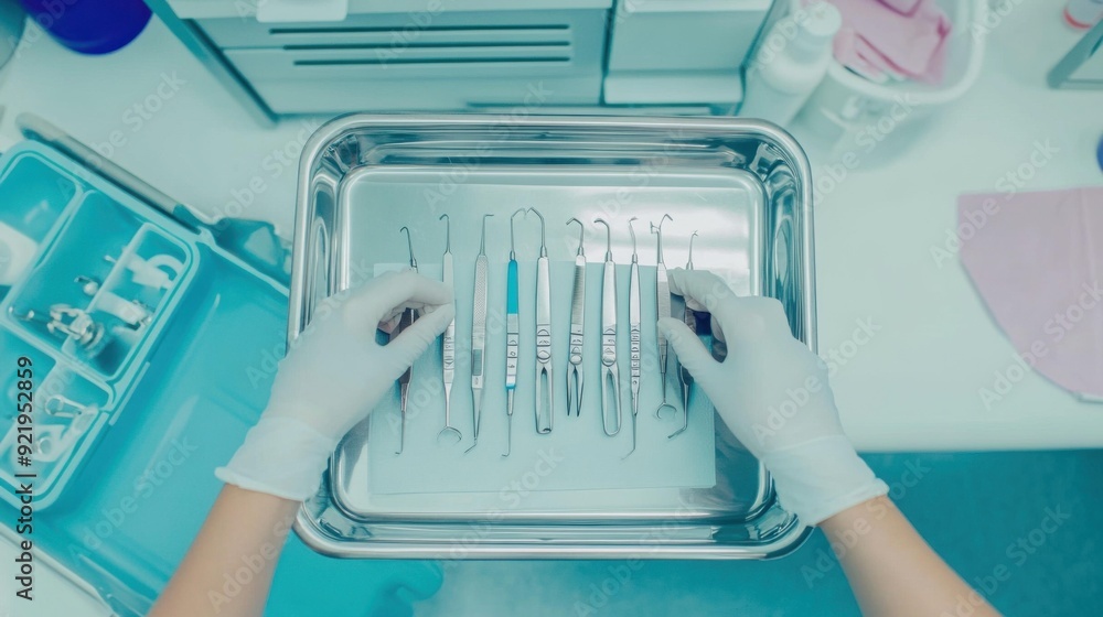 A dental professional carefully arranges dental instruments on a tray, showcasing precision and attention to detail in a clinical setting. A dental professional carefully arranges dental instruments on a tray, showcasing precision and attention to detail in a clinical setting.