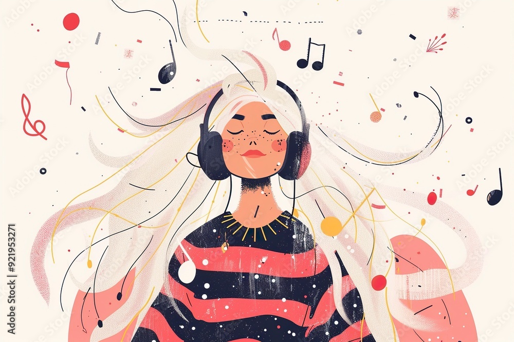 White haired girl with headphones, flat style, illustration style, Memphis, lots of musical elements in the background, generative ai White haired girl with headphones, flat style, illustration style, Memphis, lots of musical elements in the background, generative ai