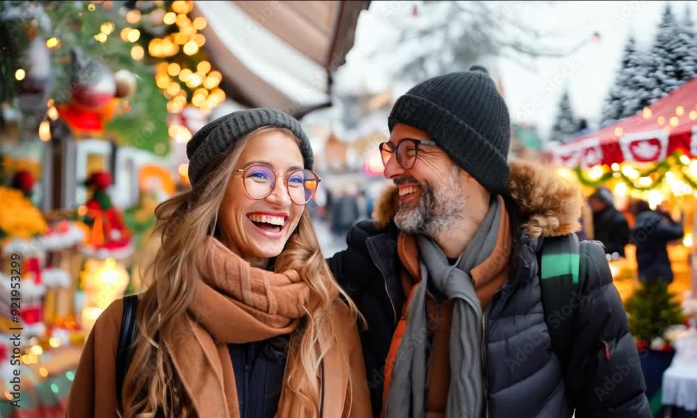 A couple enjoys a cheerful day together, laughing and exploring a bustling market adorned with seasonal decorations and warm colors A couple enjoys a cheerful day together, laughing and exploring a bustling market adorned with seasonal decorations and warm colors