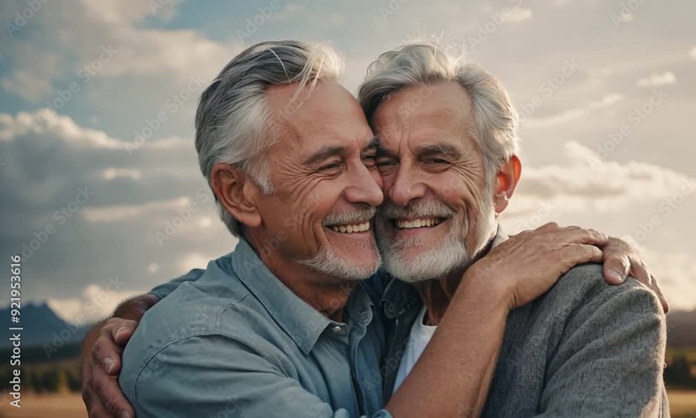 Two smiling older gentlemen share a heartfelt embrace against a stunning twilight backdrop, radiating love and friendship Two smiling older gentlemen share a heartfelt embrace against a stunning twilight backdrop, radiating love and friendship