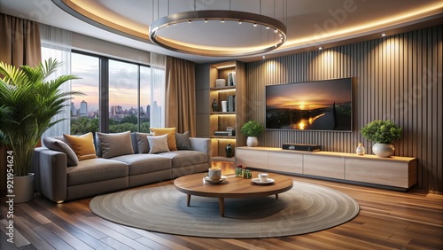 Modern living room with sleek curved TV mounted on wall, surrounded by stylish decor, and a comfortable sofa in a cozy, dimly lit atmosphere.