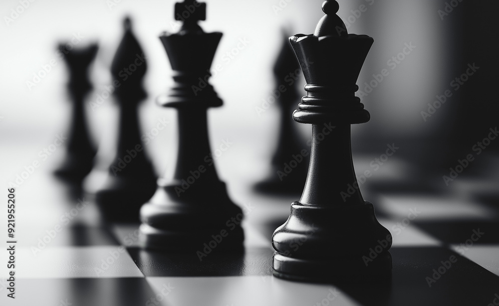 Black chess pieces with a focus on the king on a chessboard. Black chess pieces with a focus on the king on a chessboard.